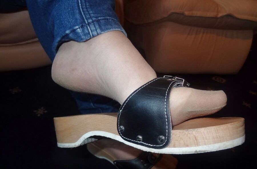 Free porn pics of Scholl,wooden shoe ,jeans and nylon feet 4 of 9 pics